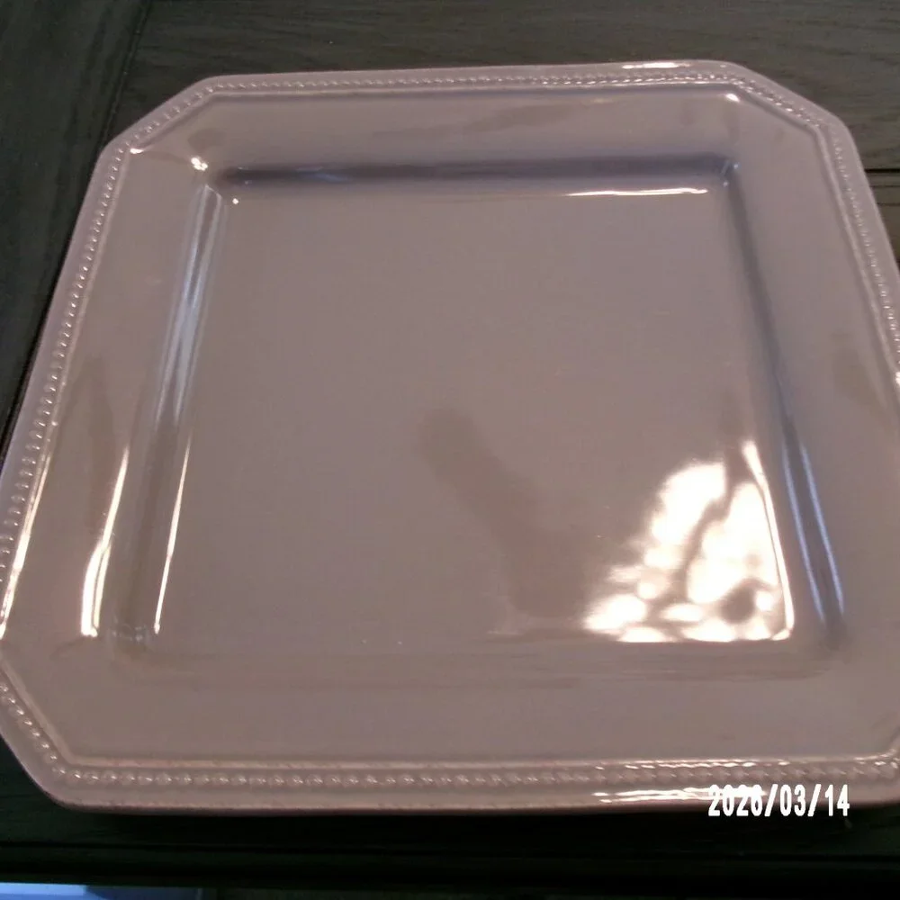 Set Of 2 Sur La Table TAN Pearl Beaded Rim Square Dinner Plates 10” Portugal